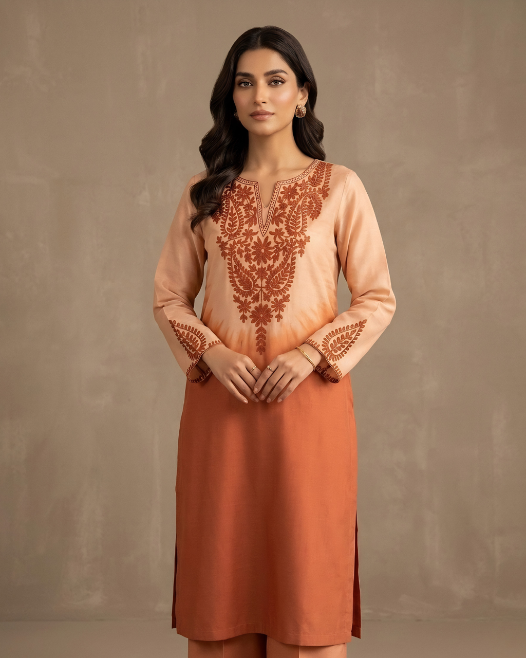 Orange Shaded Loomnet Embroidered Kurta