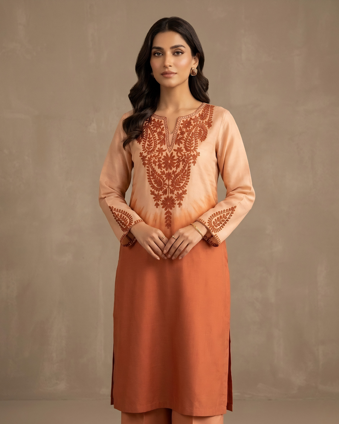 Orange Shaded Loomnet Embroidered Kurta