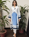 White & Blue Schiffli Chicken Lawn Contrast Panel Kurta