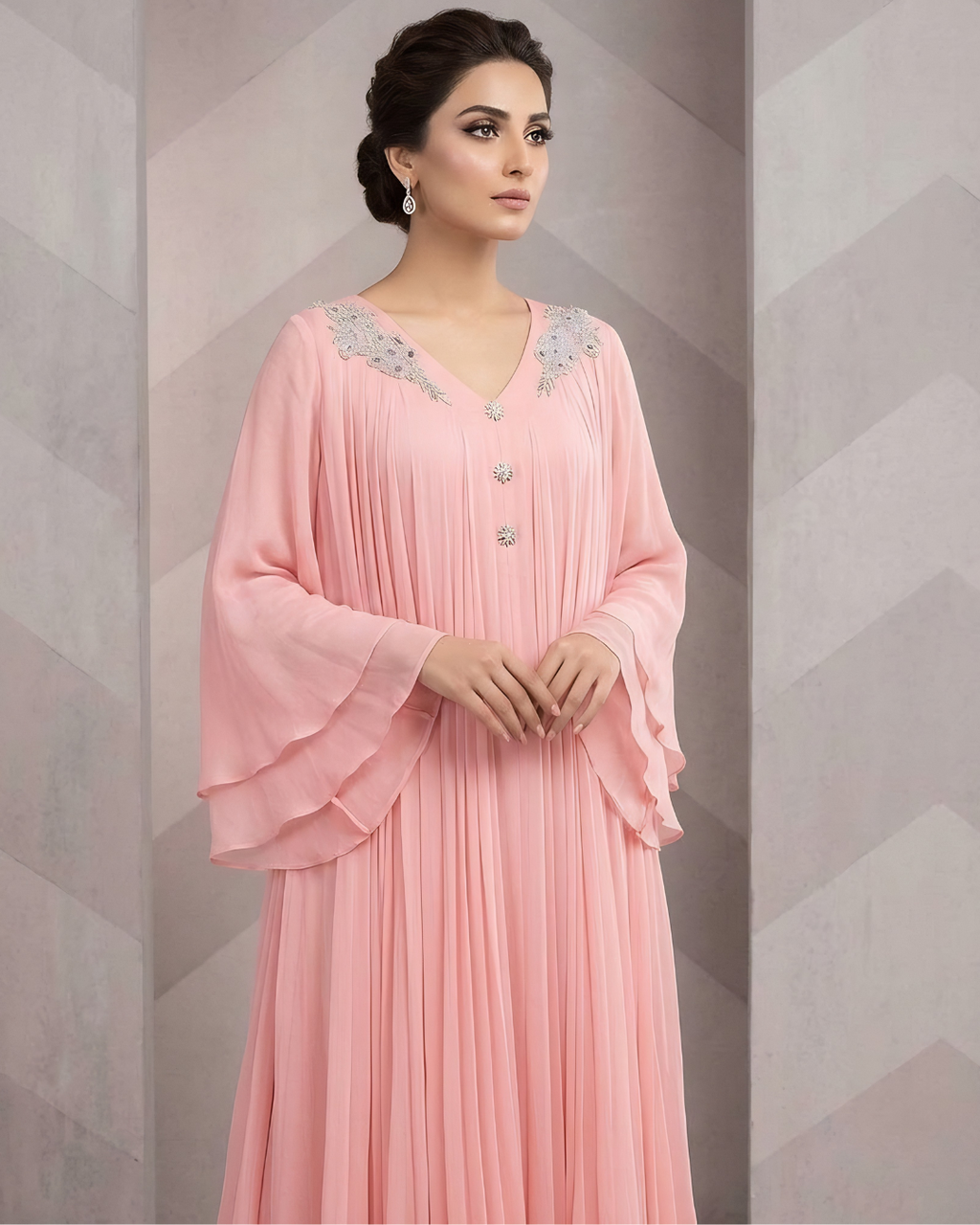 Pink Chiffon Embellished Shoulder Maxi Dress