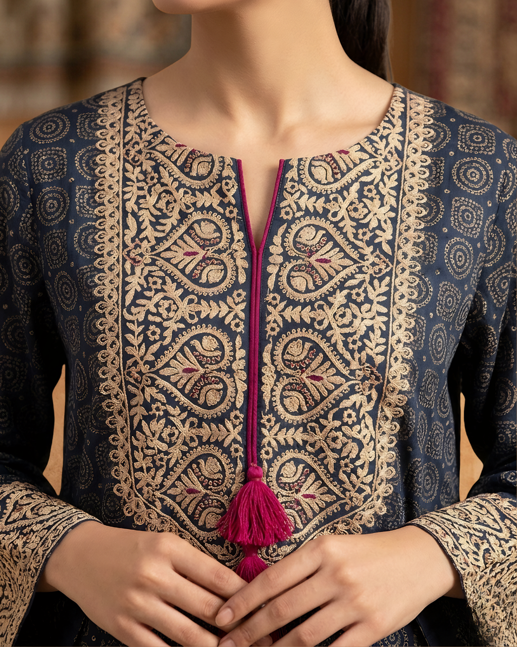 Embroidered Ajrek Silk Kurta