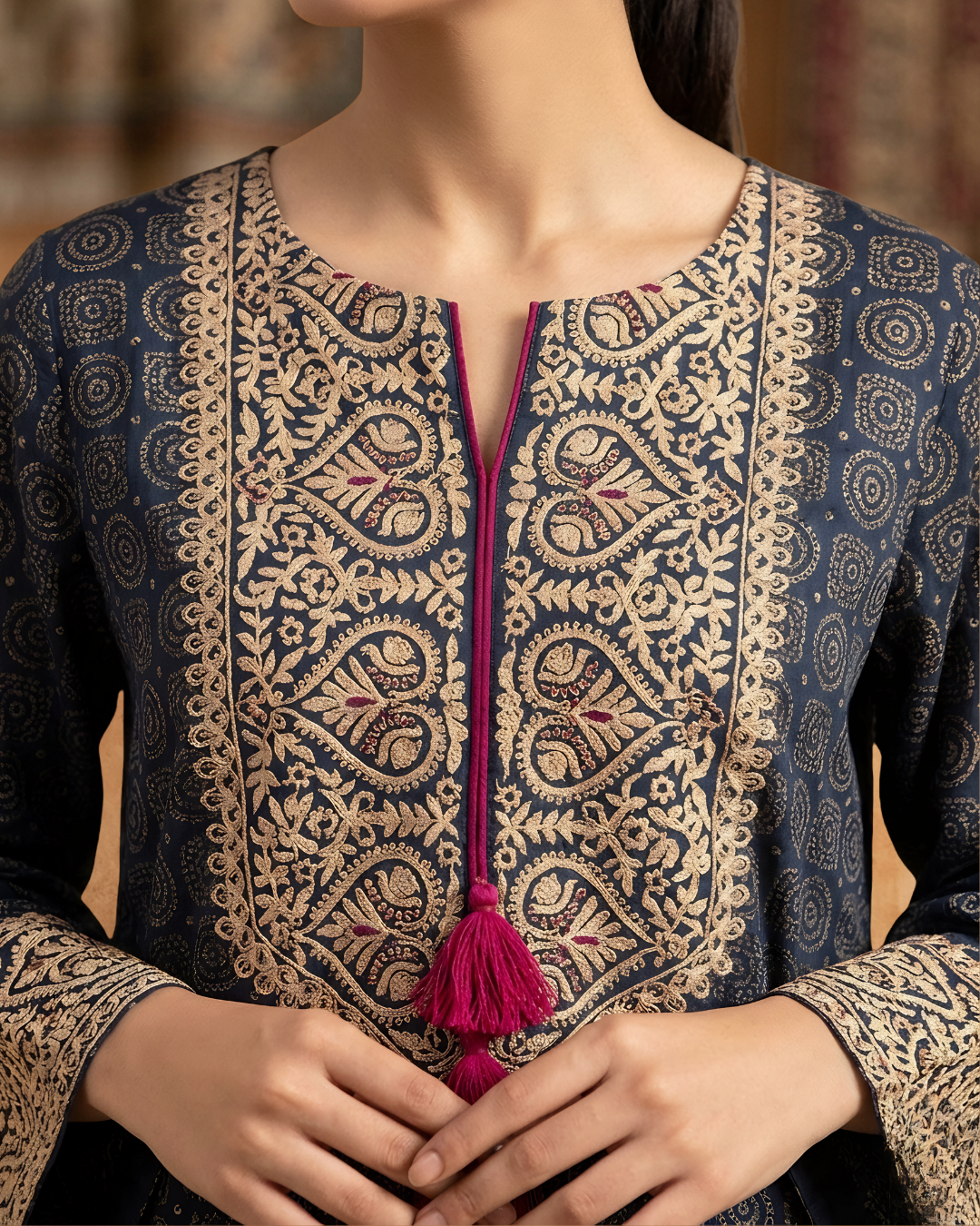 Embroidered Ajrek Silk Kurta