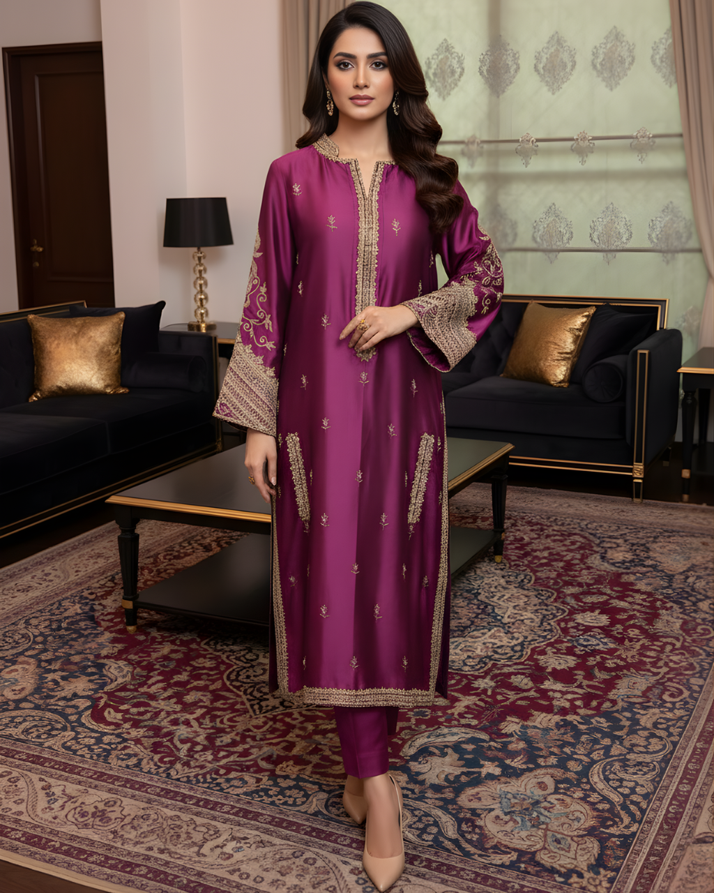 Magenta Silk 3-Piece Suit with Heavy Gold Marori Embroidery