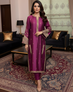 Magenta Silk 3-Piece Suit with Heavy Gold Marori Embroidery