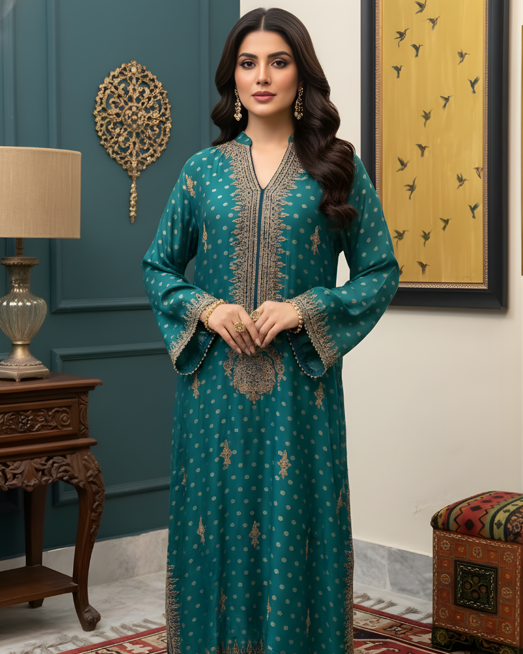 Teal & Gold Jamawar 3-Piece Suit – Marori Embroidered