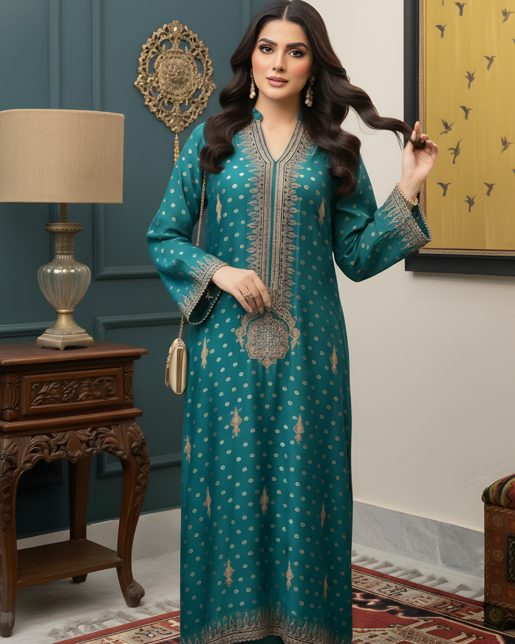 Teal & Gold Jamawar 3-Piece Suit – Marori Embroidered