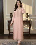 Light Pink Chiffon 3-Piece Set with Pearl & Gold Medallion Embroidery