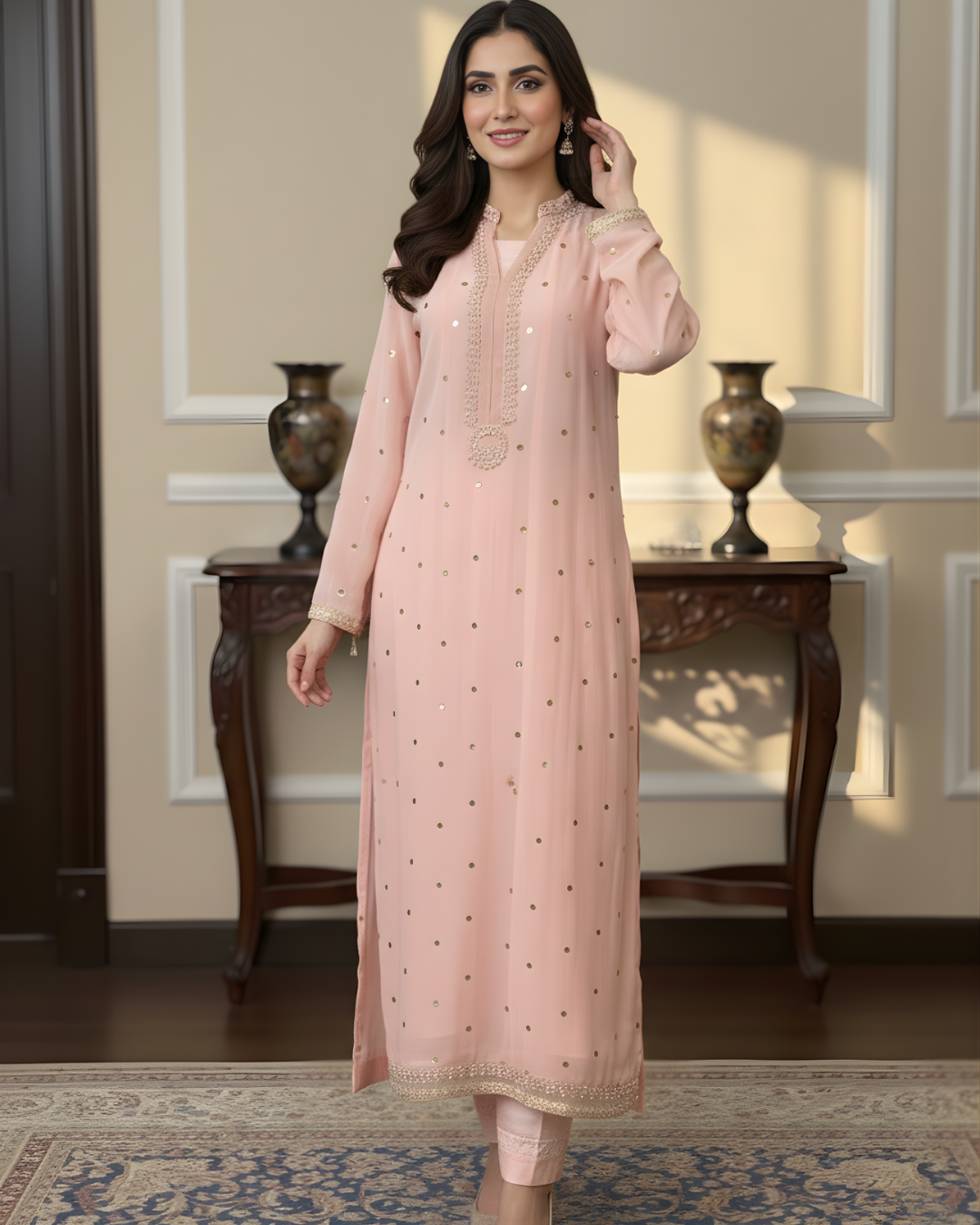 Light Pink Chiffon 3-Piece Set with Pearl & Gold Medallion Embroidery