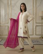 Off White Cotton Net 3-Piece Suit with Gold Arri & Tassel Work