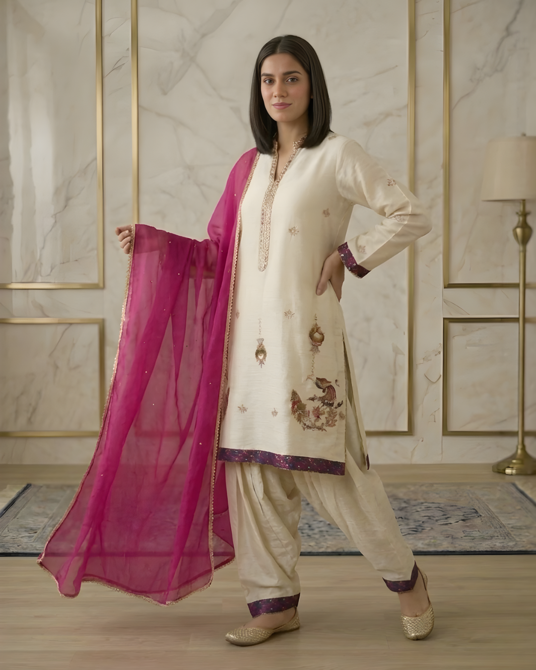 Off White Cotton Net 3-Piece Suit with Gold Arri & Tassel Work