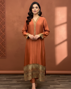 Coral Rust Gold Marori Embroidered Loomnet Kurta Set