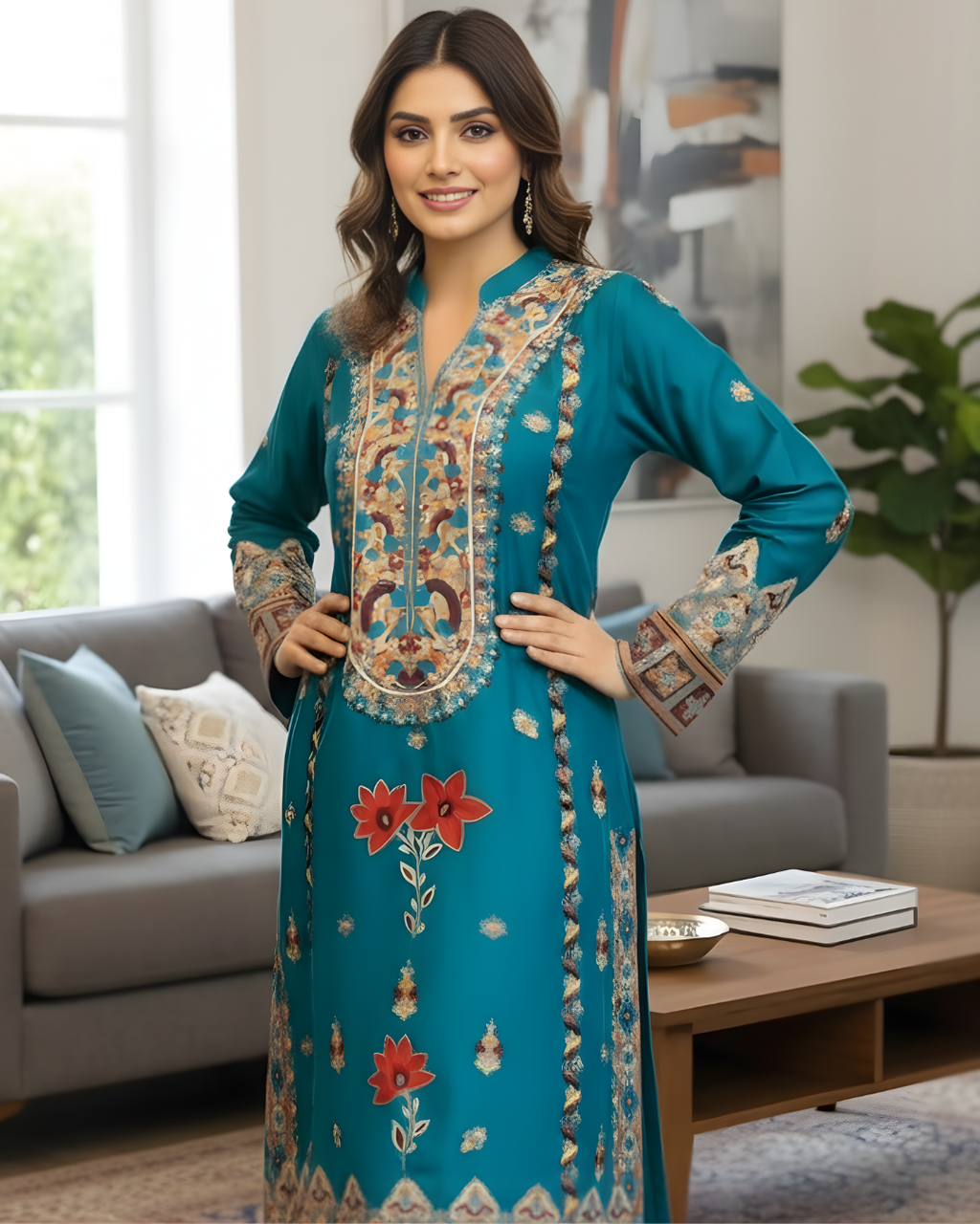 Teal Green Multicolour Arri Embroidered Yoke Silk Kurta