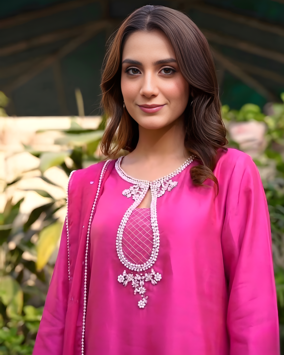 Fuchsia Sequin Embellished Tussel Silk 3-Piece Set