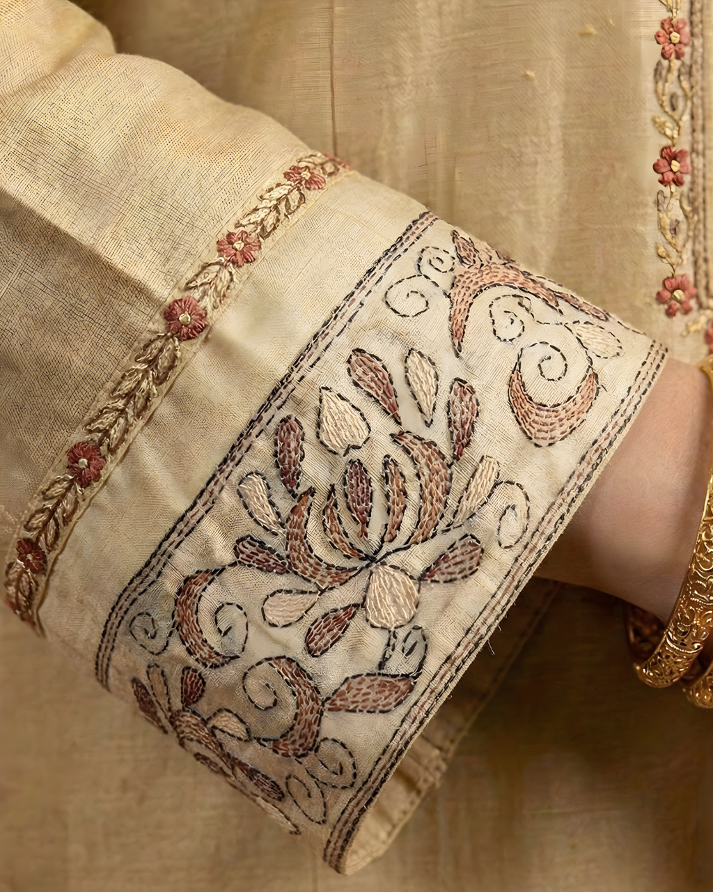 Beige Loomnet Kanta Embroidered Arri Work Kurta Suit