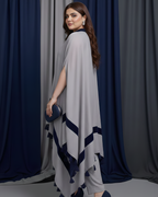 Silver Silk & Velvet Kaftan with Navy Button Tassel Trim