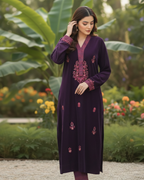 Purple Velvet Floral Thread Embroidered Kurta