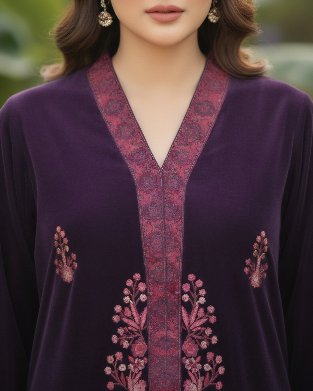 Purple Velvet Floral Thread Embroidered Kurta