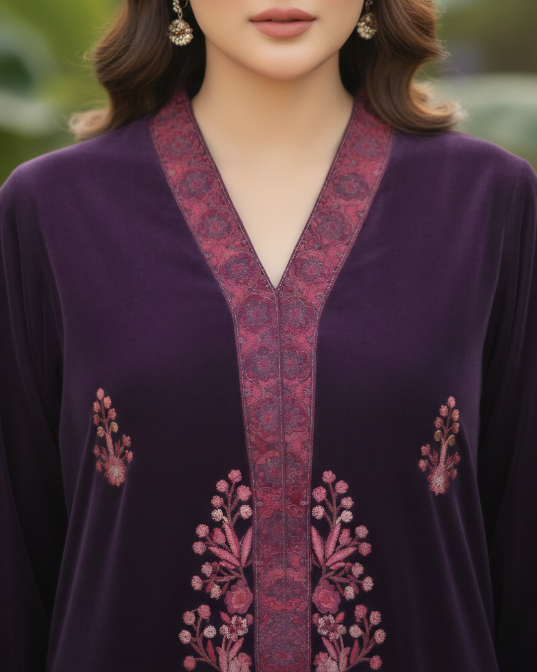 Purple Velvet Floral Thread Embroidered Kurta