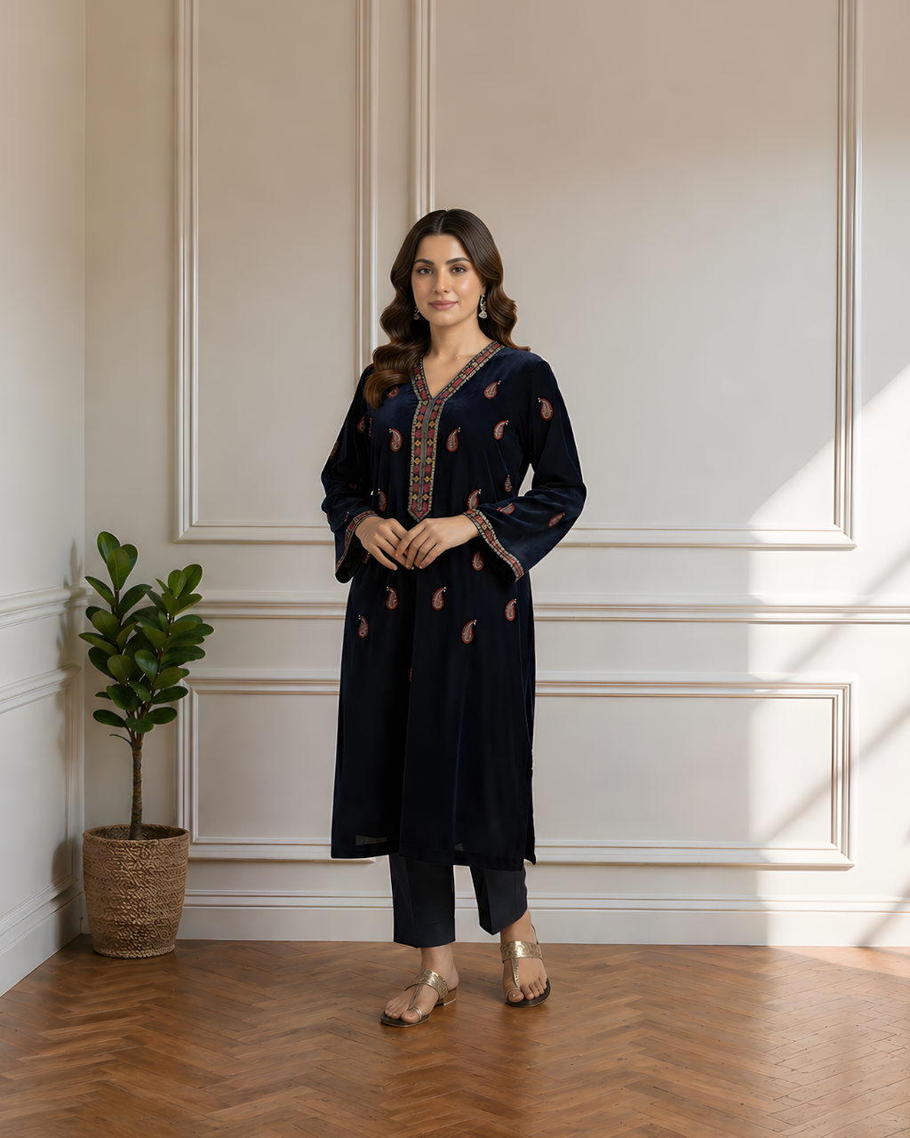 Navy Blue Velvet Embroidered Paisley Kurta Set