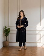 Navy Blue Velvet Embroidered Paisley Kurta Set