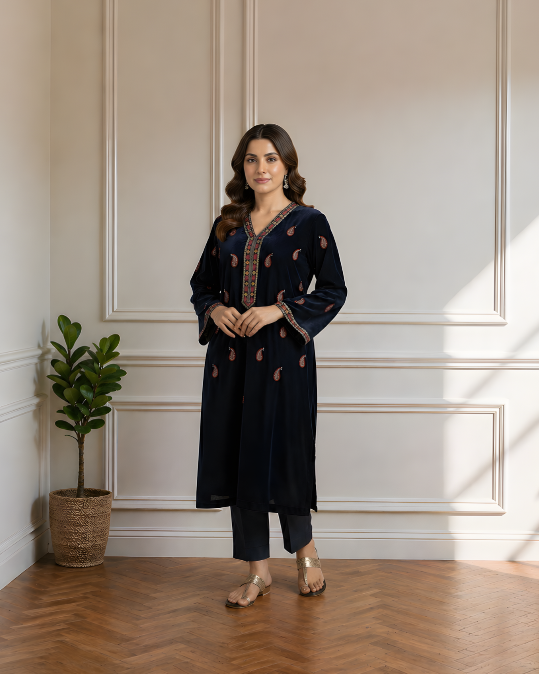 Navy Blue Velvet Embroidered Paisley Kurta Set
