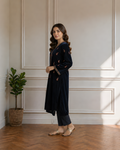 Navy Blue Velvet Embroidered Paisley Kurta Set