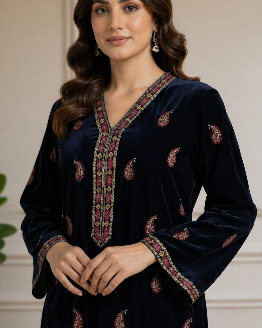Navy Blue Velvet Embroidered Paisley Kurta Set