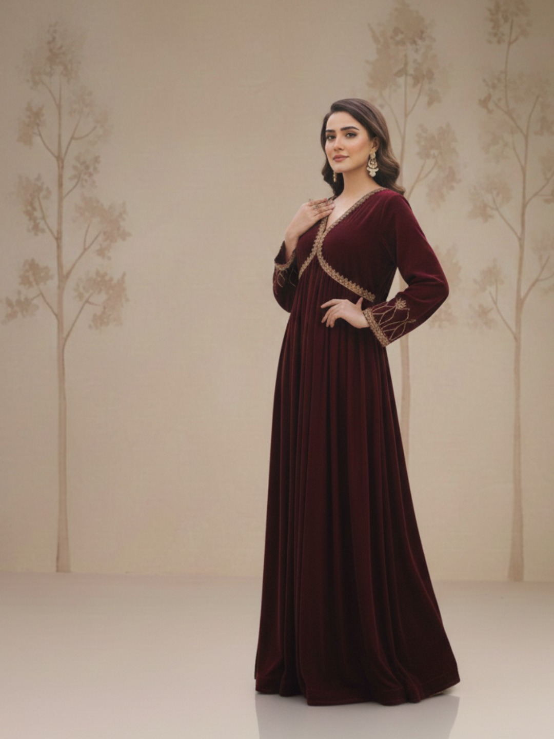 Maroon Velvet Gold Dabka Embroidered Empire Waist Maxi Dress