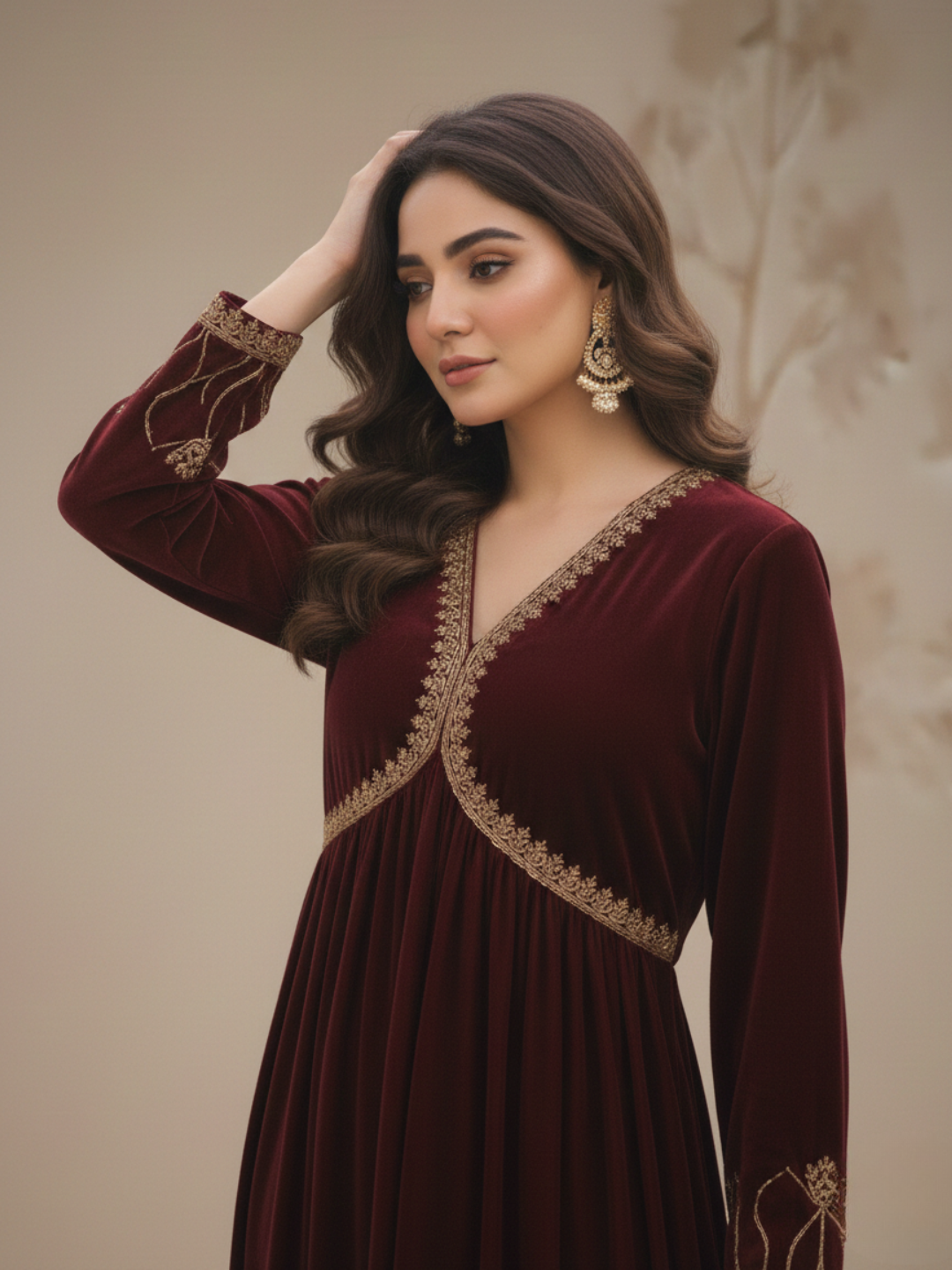 Maroon Velvet Gold Dabka Embroidered Empire Waist Maxi Dress
