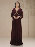 Maroon Velvet Gold Dabka Embroidered Empire Waist Maxi Dress