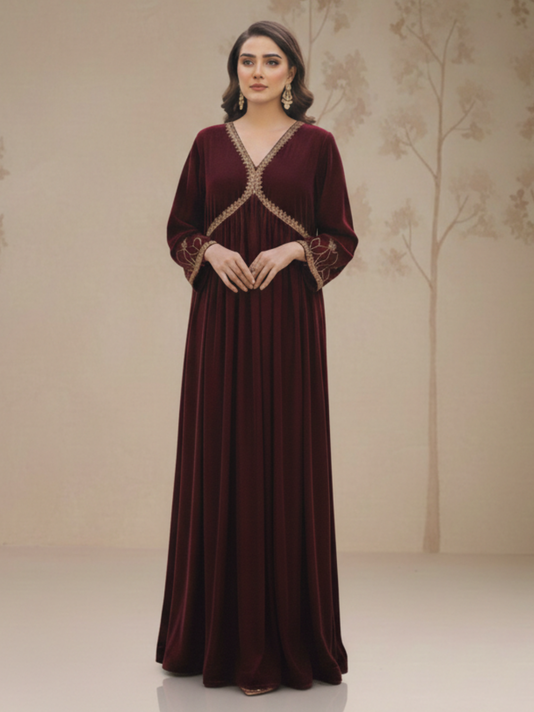 Maroon Velvet Gold Dabka Embroidered Empire Waist Maxi Dress