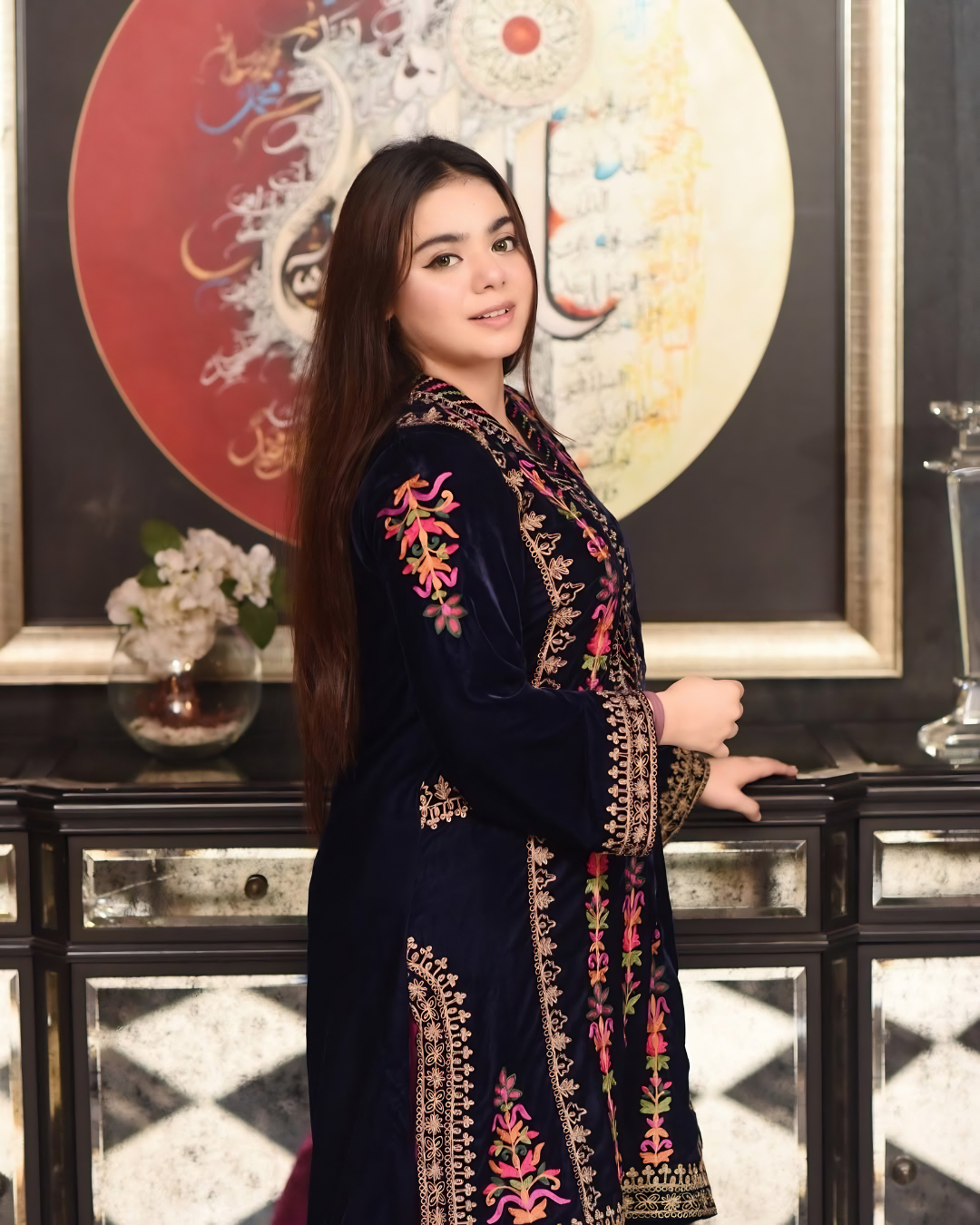 Navy Blue Velvet Multicolour Tilla Embroidered Kurta Set