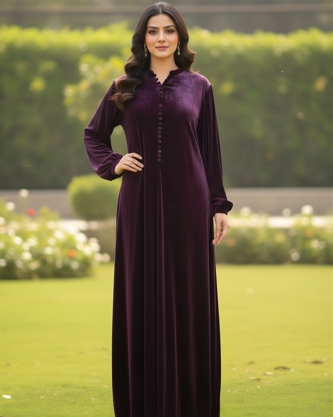 Plum French Velvet Frill Collar Suit with Korean Silk Trousers