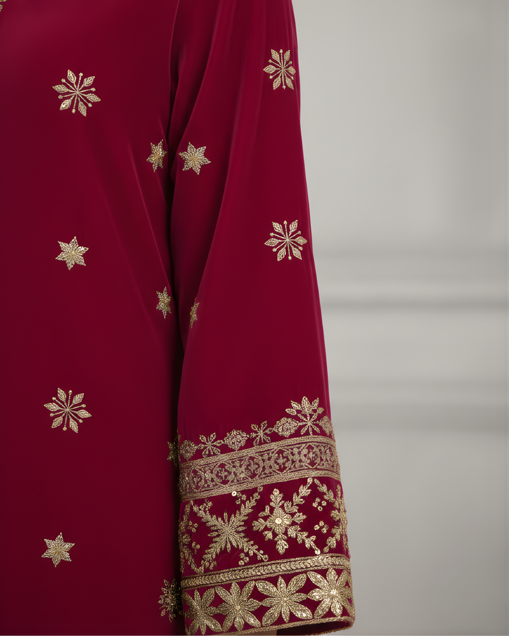 Magenta Velvet 3-Piece Suit with Gold Gotta & Sequin Embroidery