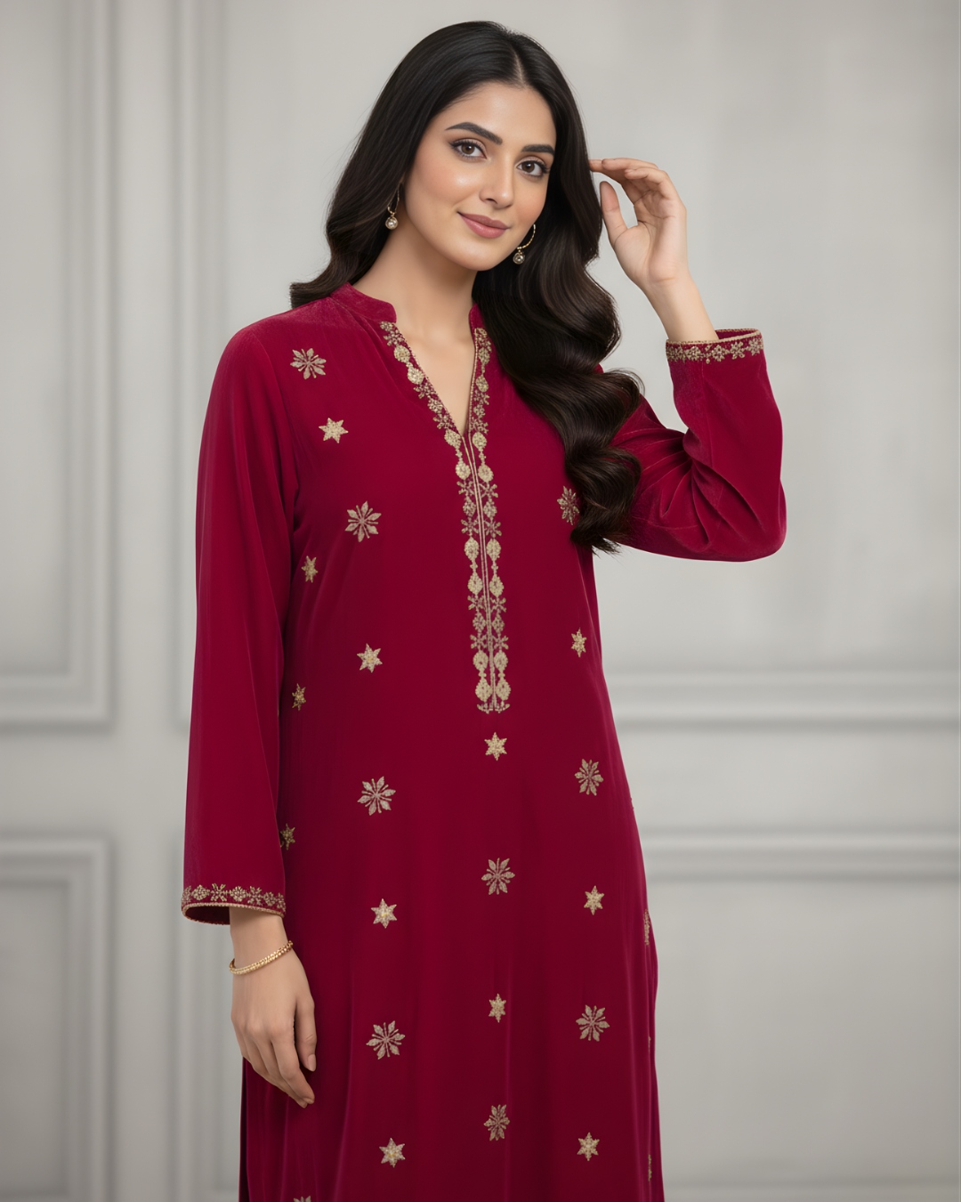 Magenta Velvet 3-Piece Suit with Gold Gotta & Sequin Embroidery