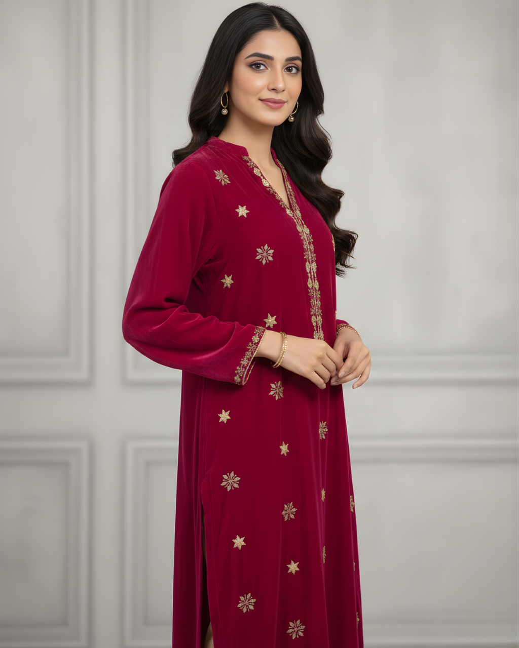 Magenta Velvet 3-Piece Suit with Gold Gotta & Sequin Embroidery