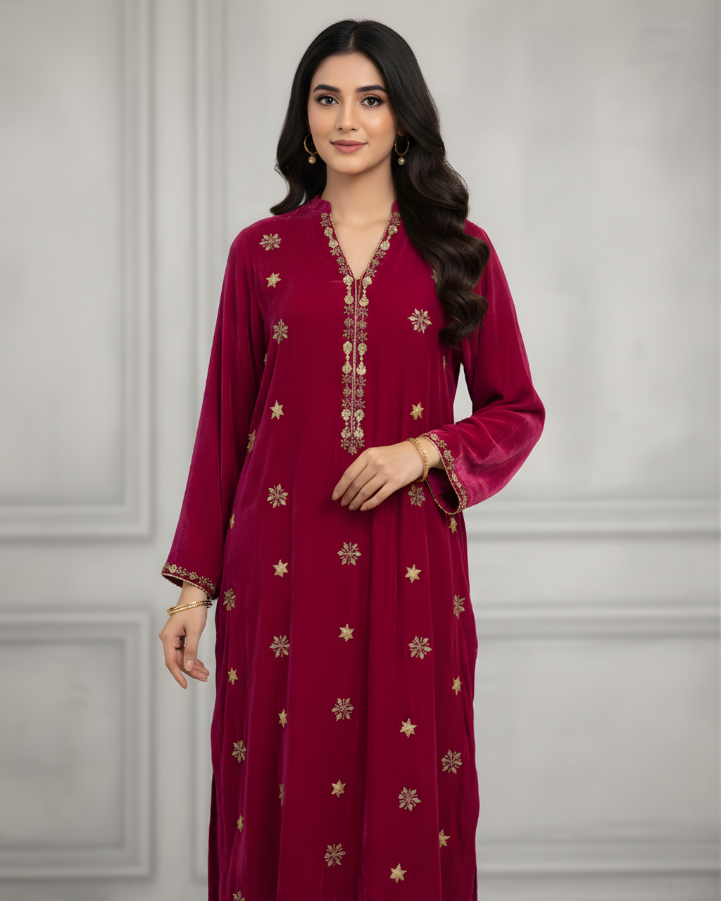 Magenta Velvet 3-Piece Suit with Gold Gotta & Sequin Embroidery